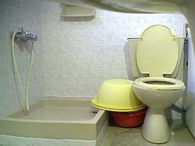 Blonde girl in jeans is peeing on the hidden cam in toilet