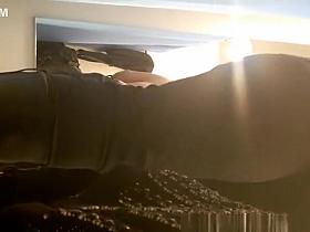 Chubby blonde woman trying new bra