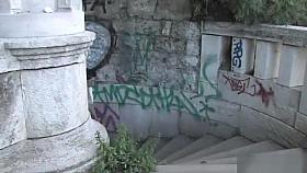 Huge tits brunette strung up in public