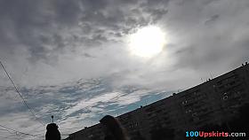 Talkative beauty quickly flashes upskirt