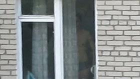 Hot brunette chick voyeur window peek
