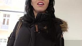 Euro brunette flashes and fucks