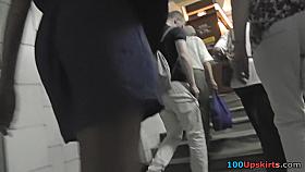 Blonde chick wears mini skirt in upskirting porn