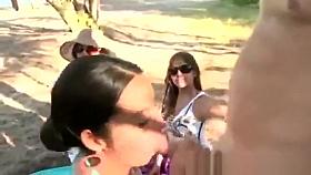 Blowjob for naked guy in park from hot latina