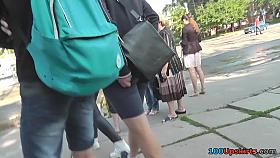 Plump brunette in lacy panty lures up skirt camera