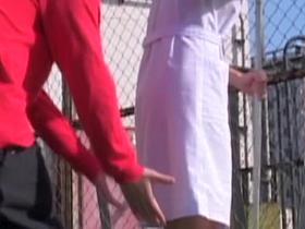 Kinky man sharking Japanese girl sweeping the ground