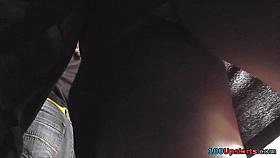 Upskirt shot of flabby arse cheeks separated with thong