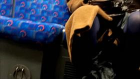 Long brown coat, Blue Tights