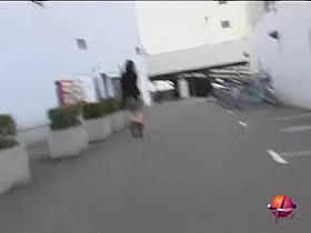 Cute Asian in boots got skirt sharked and undies seen