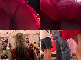 Upskirt porn with a skinny ass gal in a public place