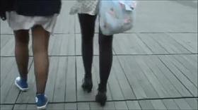 2 Girls - 1 Black Pantyhose the other Black Opaque Tights