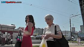 Brunette coquette's hot red dress presents upskirt view