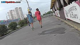 Bubble ass brunette wears g-string in upskirt porn