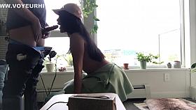 Hot neighbor girl gives blowjob in front of window