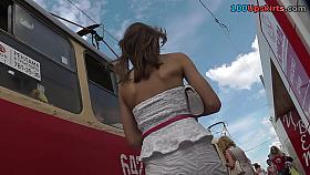 Sweet upskirt pussy covered with gentle white panties