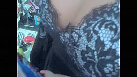 Candid downblouse of the amateur chick in summer dress