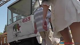 Marvelous lengthy-haired upskirt hotty