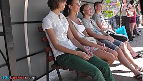 Tanned brunette babe has nice upskirt potential