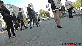 Hot upskirt porn with auburn-haired gal in public