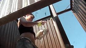 Chubby chick peeped in the beach cabin