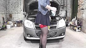 Blonde Milf In Car Repair Shop Repairs Client Auto. No Panties Under Skirt. No Bra. Without Panties In Public Milf