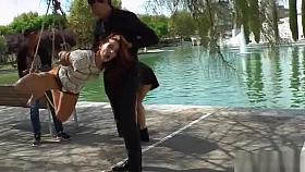 Euro slut whipped and caned in public