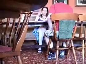 Sexy white stockings girl upskirt spied in the bar