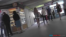 Upskirt camel toe view of a young girl in pantyhose