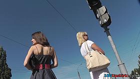 Skinny brunette on high heels in the upskirt video