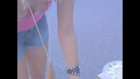 Blonde in jeans shorts also sows hot downblouse