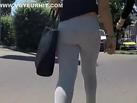 Blonde teen in grey leggings