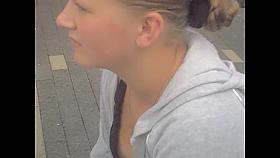 Real amateur doll does not look at man shooting downblouse