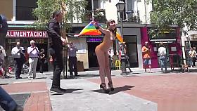 Naked babe walked with huge dildo in public