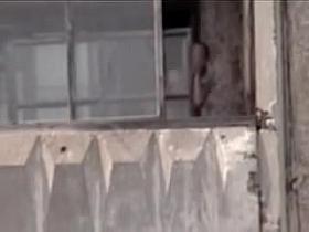 Girl with naked boobs voyeured drying her linen