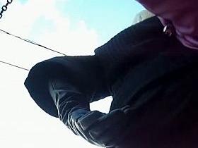 Slutty blonde in sexy stockings followed by an upskirt voyeur