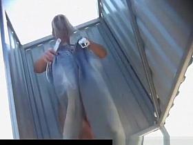 Blonde wear jeans without panties