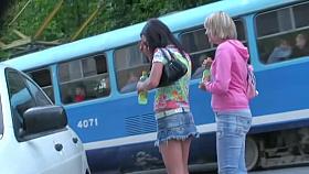 Upskirt XXX porno Philipino chick in a colorful shirt and a blonde