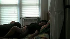Interracial couple having oral sex interlude on the spy cam