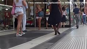 Blonde looks seductive in torn shorts