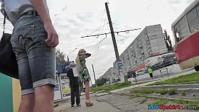 Sexy girl in platform shoes surprises with upskirt view