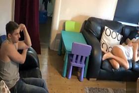 Flashing the stepson with a shaved pussy