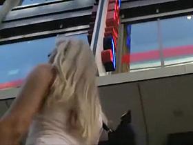 Sexy blonde in jeans mini skirt upskirt