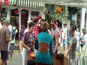 Hot blonde in short blue skirt wind upskirt