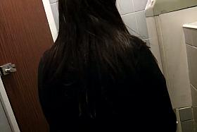 Long haired amateur pissing and getting booty spied