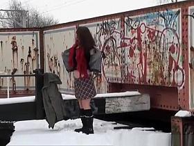 Exhibitionist flashing big tits and pussy