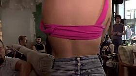 Euro brunette fucked in crowded bar