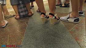 Babe in polka-dot skirt walks with guy in upskirt clip