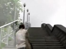 Creeping on bare pussy on the stairs