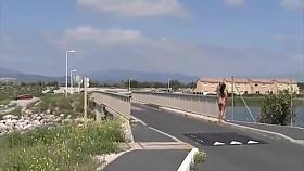 Adela R barefoot walkabout on vacation in Spain