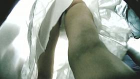 Sexy up skirt view of a woman's crutch in white thong